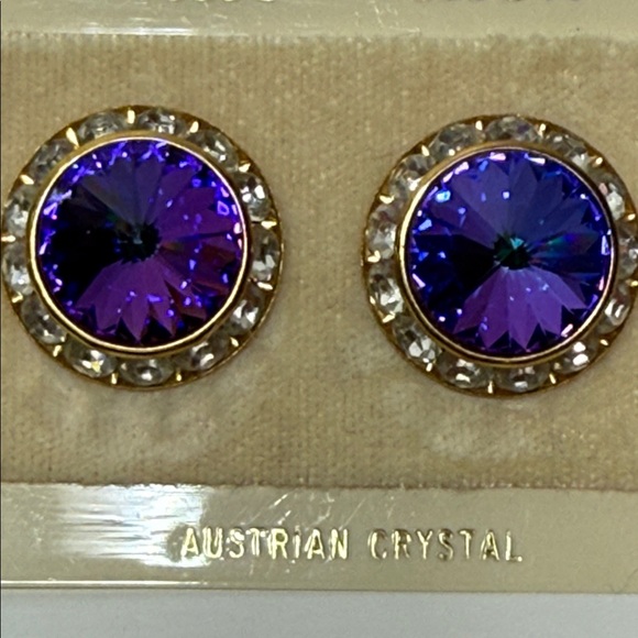 Vintage Rivoli Austrian Crystal Purple and Gold tone large Stud Earrings repair - Picture 2 of 10
